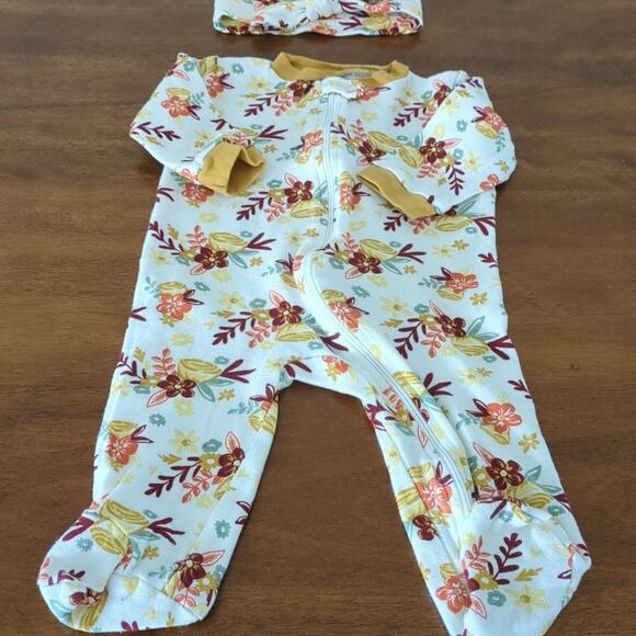 Baby gilr 100% cotton footsie with headband 3-6M NNT - Picture 1 of 4